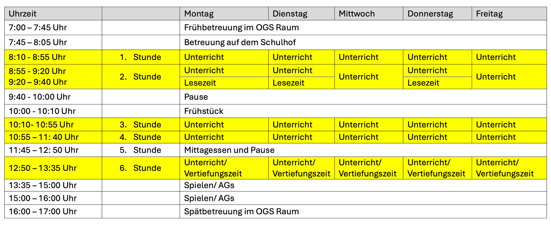 Stundenplan für die Jahrgangsstufe 1