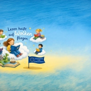 Illustration zum Lesen mit Kindern auf Wolken mit Bildern