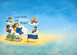 Illustration zum Lesen mit Kindern auf Wolken mit Bildern
