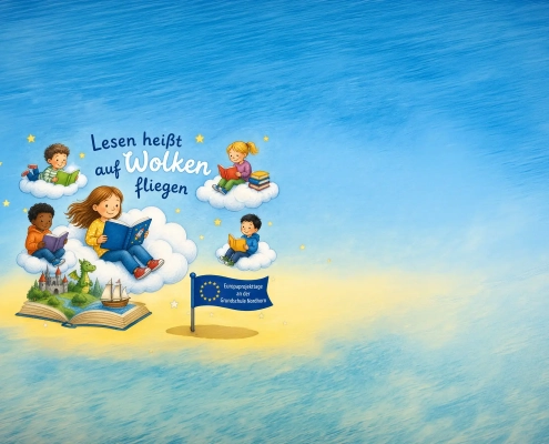 Illustration zum Lesen mit Kindern auf Wolken mit Bildern
